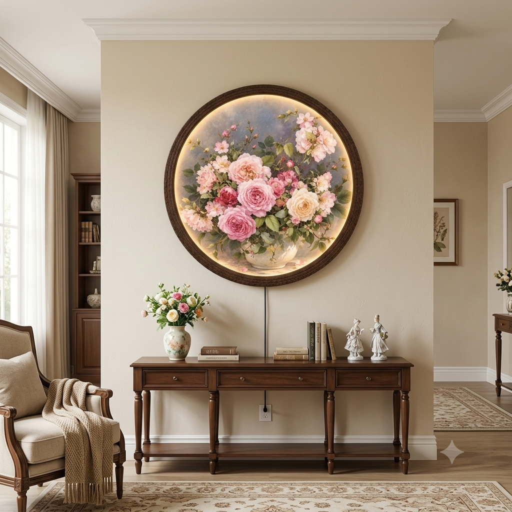 Floral Round LED Wall Art – Illuminated Rose Bouquet Home Decor