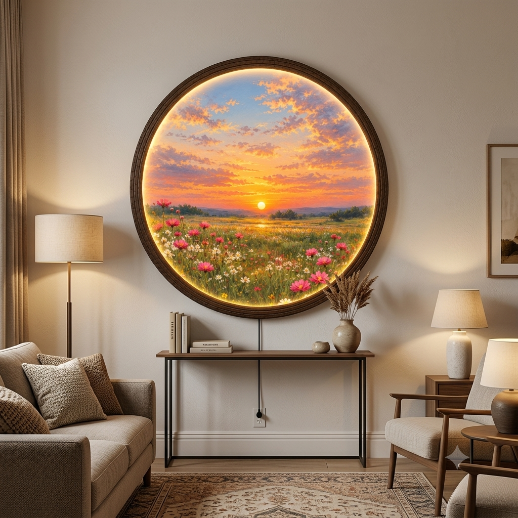 Sunset Wildflower Meadow LED Wall Art – Round Illuminated Floral Landscape Decor