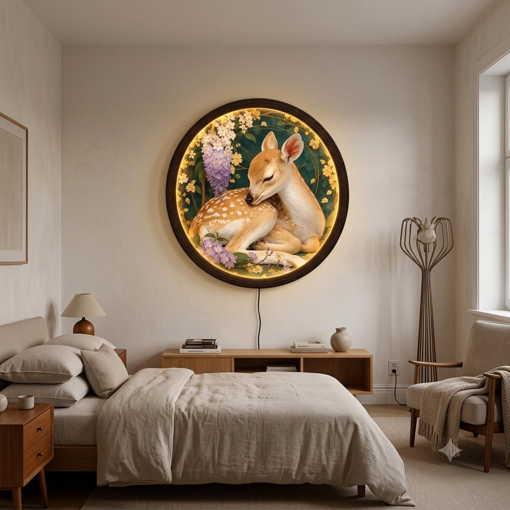 Floral Deer LED Wall Art – Round Illuminated Nature Wall Decor