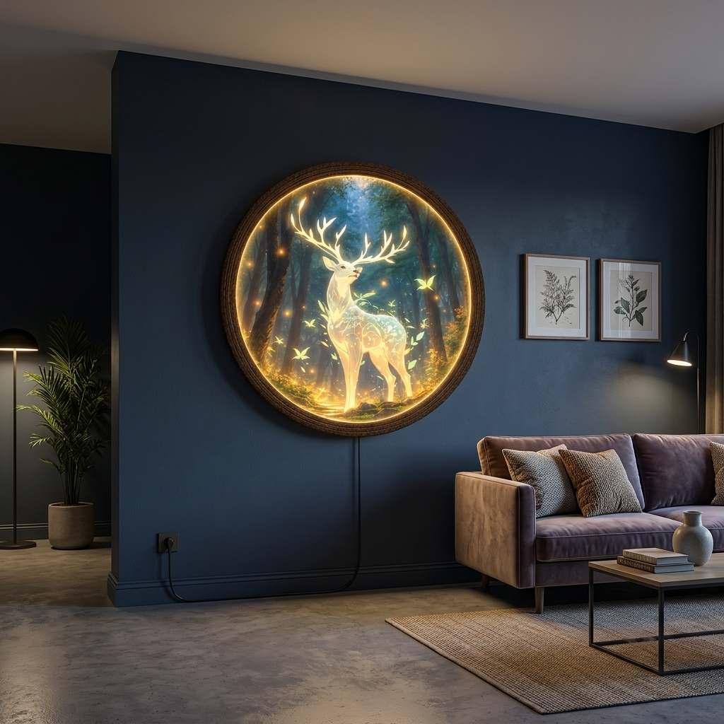 Glowing Deer LED Wall Art – Enchanted Forest Round Light Decor