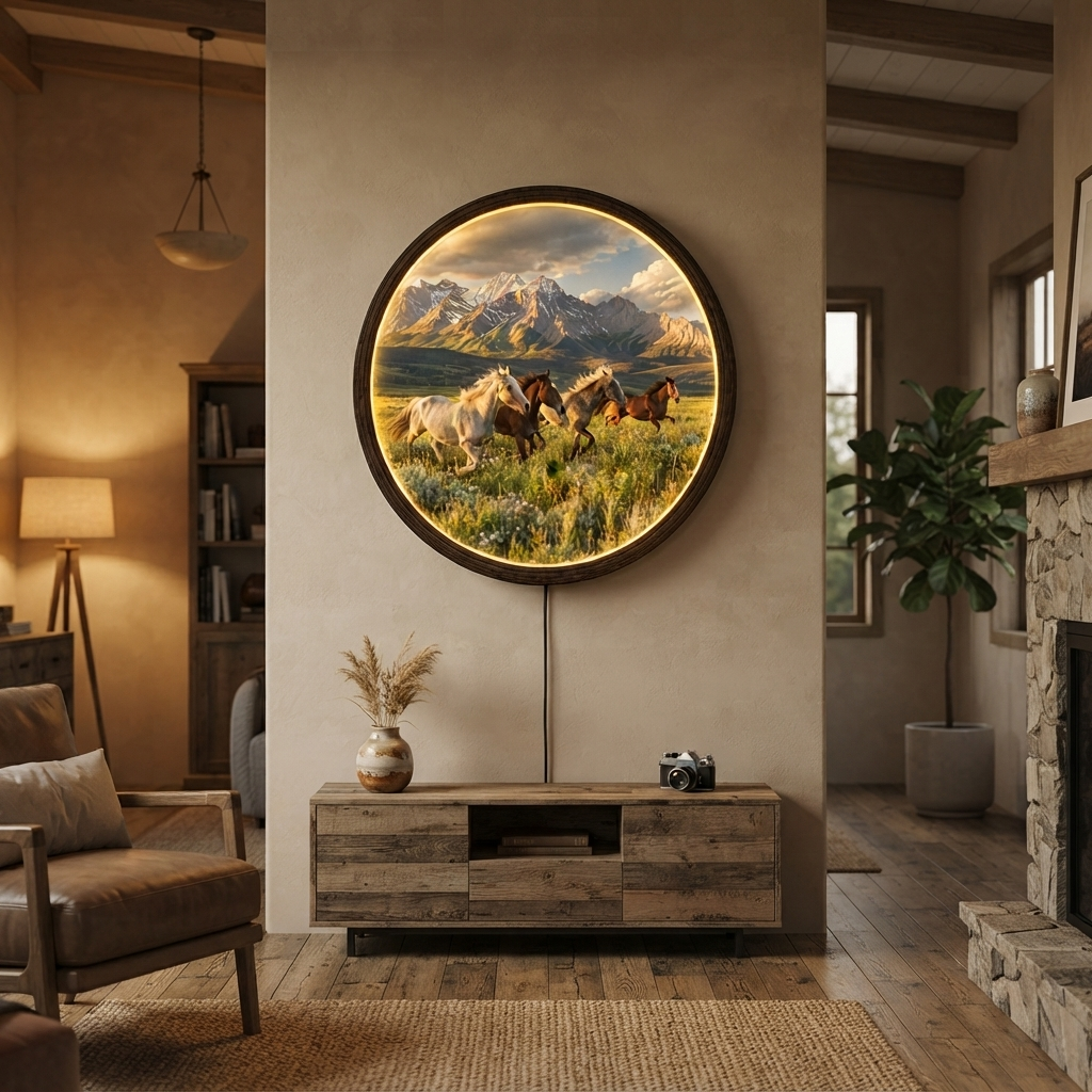 Horse Mountain Landscape LED Round Wall Art – Illuminated Rustic Wall Decor