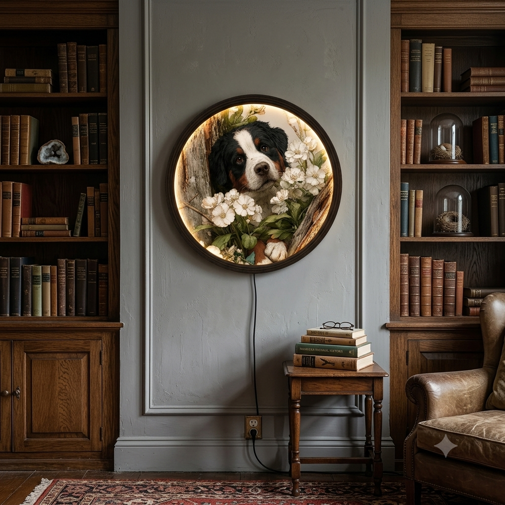 Bernese Mountain Dog LED Wall Art with White Flowers