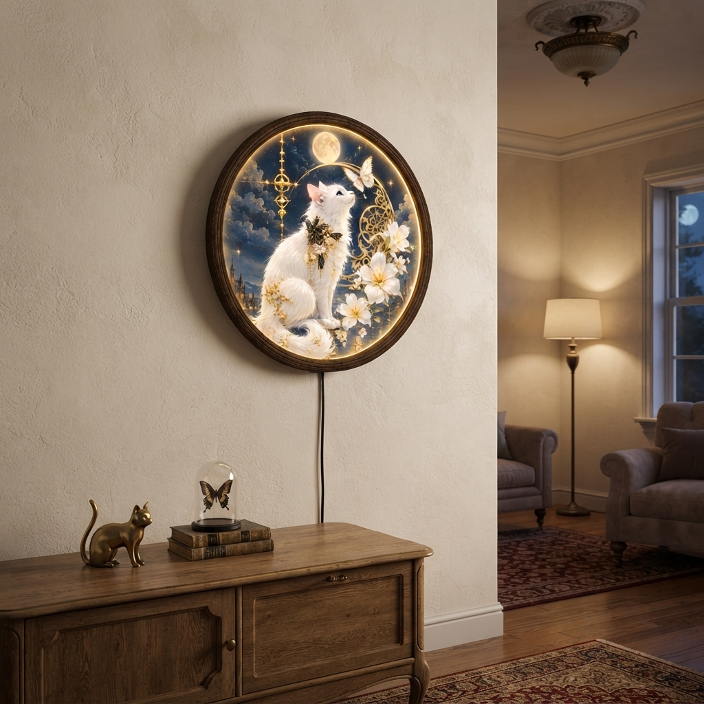 Mystical White Cat LED Wall Art – Round Illuminated Home Decor