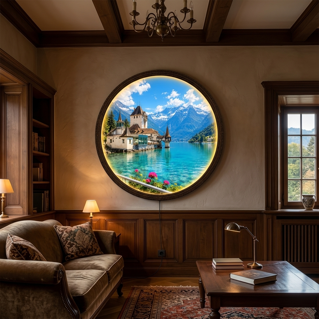 Illuminated Alpine Lake Round Wall Art – LED Lighted Mountain Landscape Decor