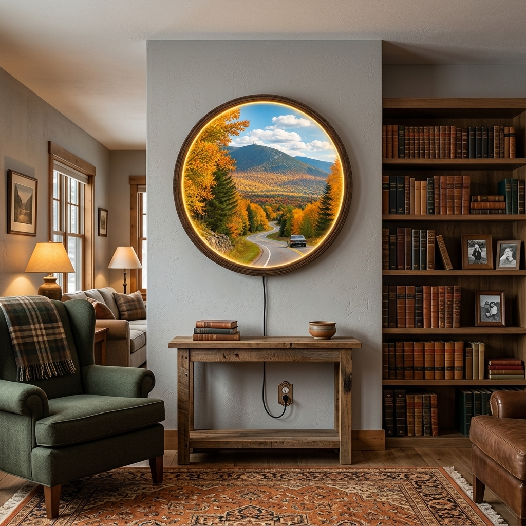 Illuminated Mountain Landscape Wall Art – LED Round Wall Decor