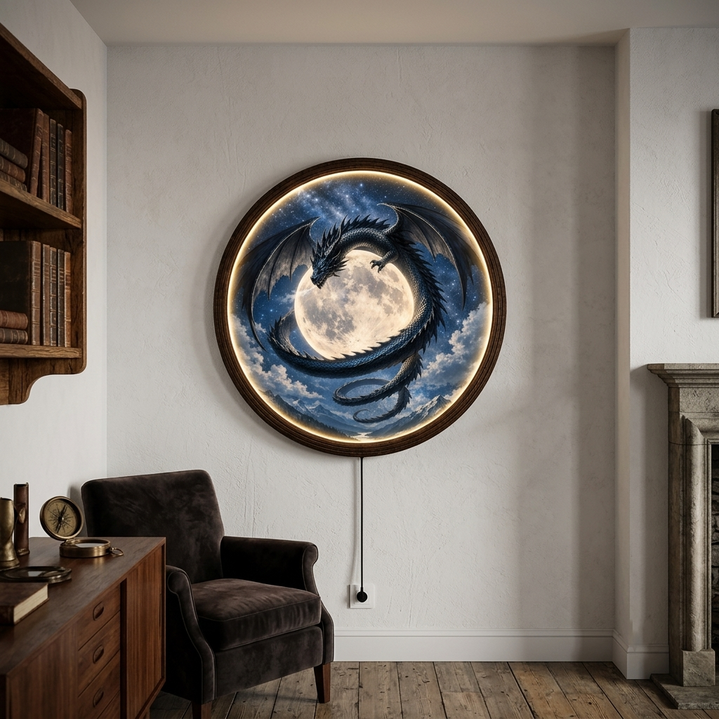 Dragon Moon LED Wall Art – Round Fantasy Dragon Light Decor
