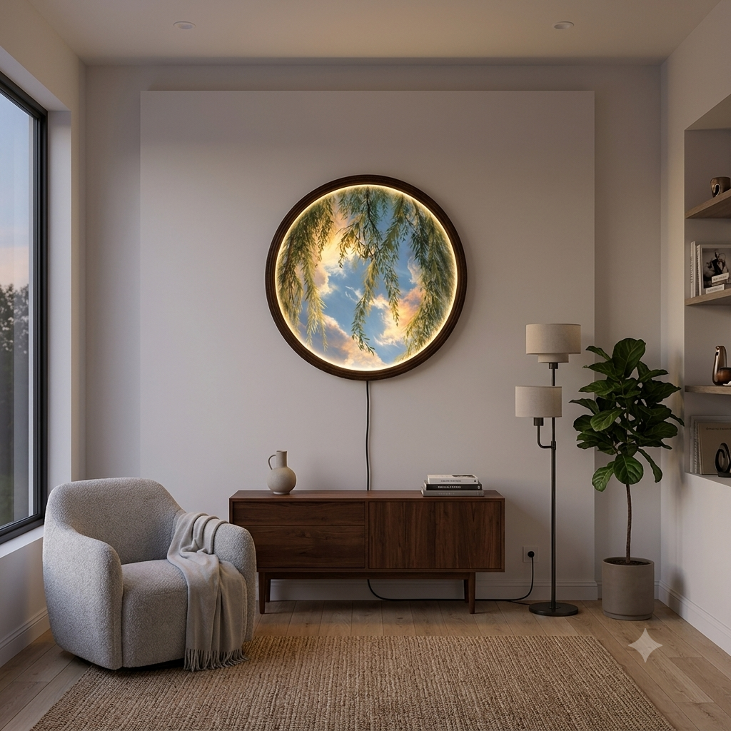 Circular Willow Tree Sky Scenic Canvas with Warm LED Light - Round Wooden Frame Wall Art for Living Room Bedside