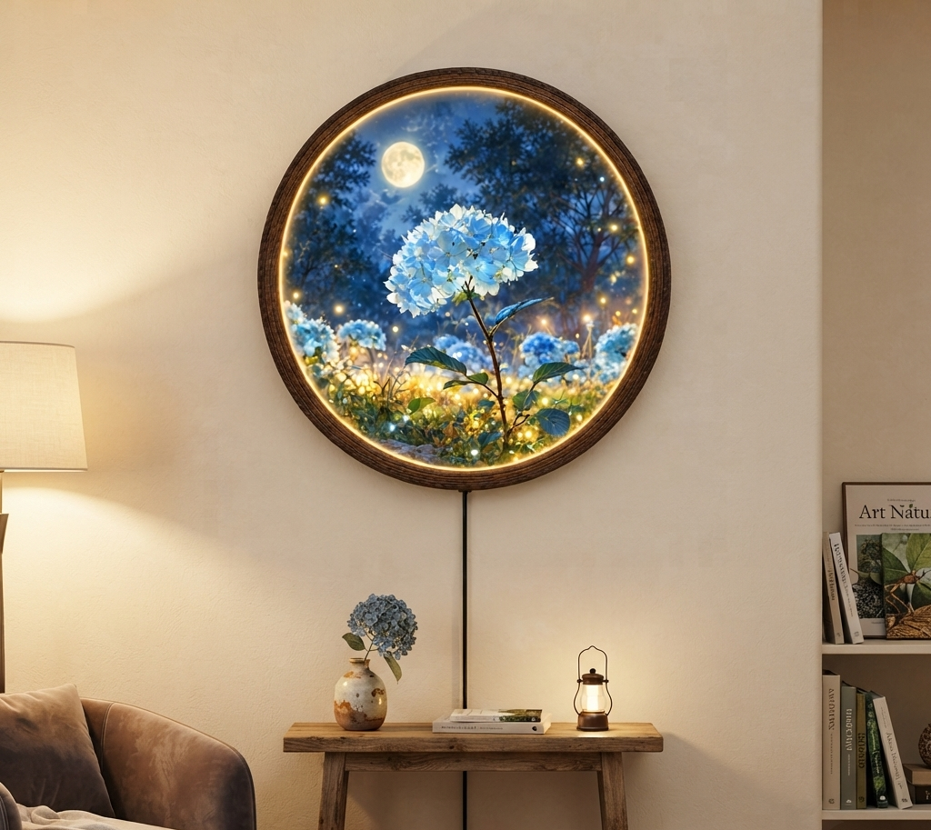 Illuminated Round Floral Wall Art with LED Light – Wooden Frame Home Decor
