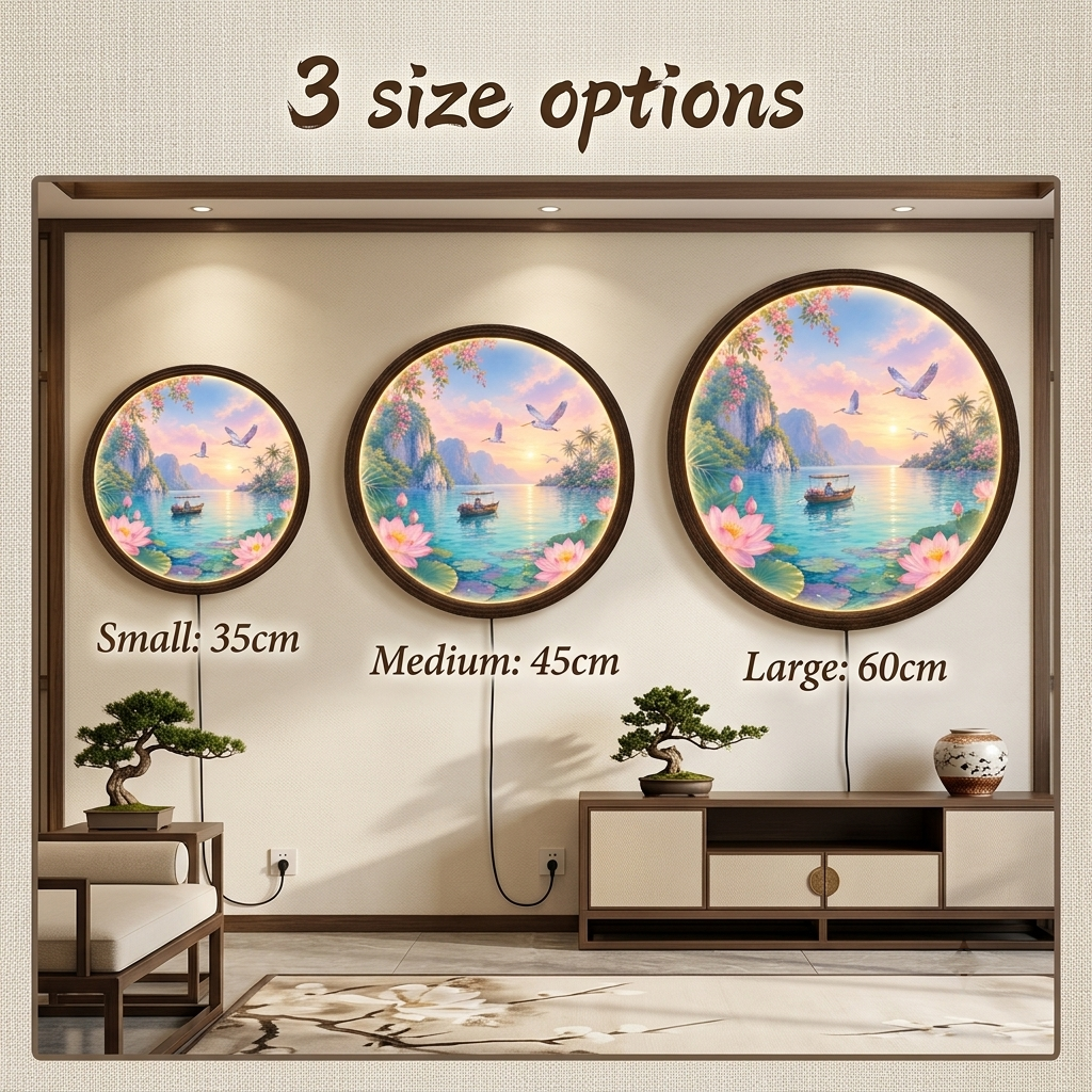 Round Tropical Lotus Lake LED Wall Art – Illuminated Nature Wall Decor