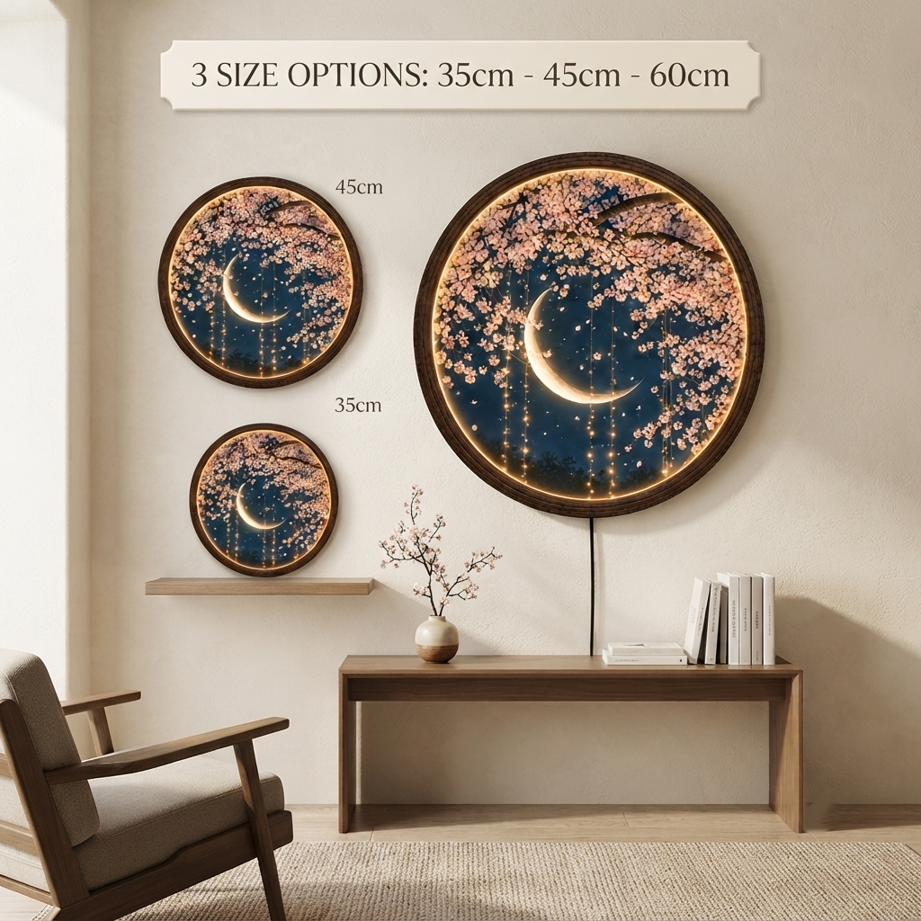 Illuminated Cherry Blossom Moon Wall Art – Round LED Lighted Wall Decor