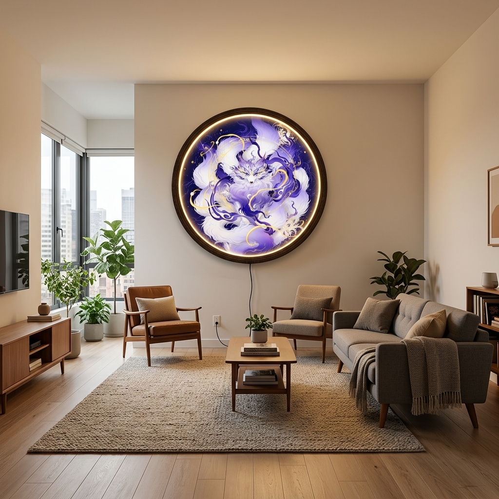 Japanese Nine-Tailed Kitsune Fox LED Wall Art Light – Glowing Mystical Round Wall Decor