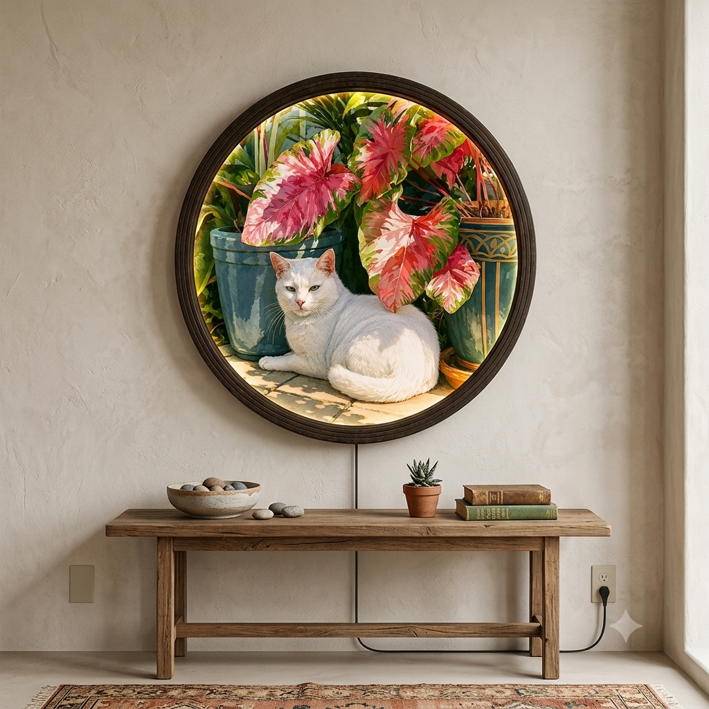 White Cat in Tropical Garden Round Wooden Framed Wall Art