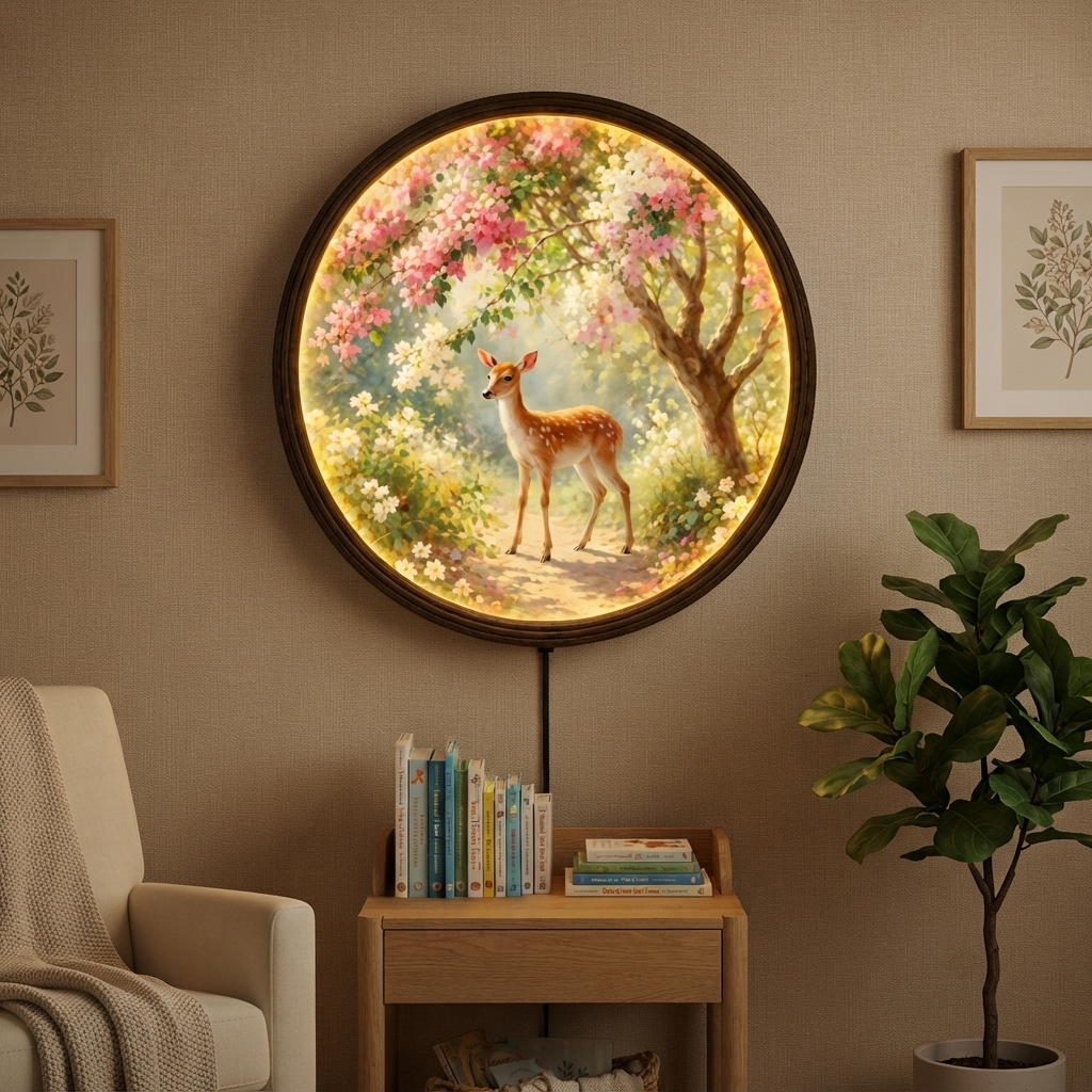 Illuminated Deer Garden Round Wall Art – LED Lighted Nature Wall Decor