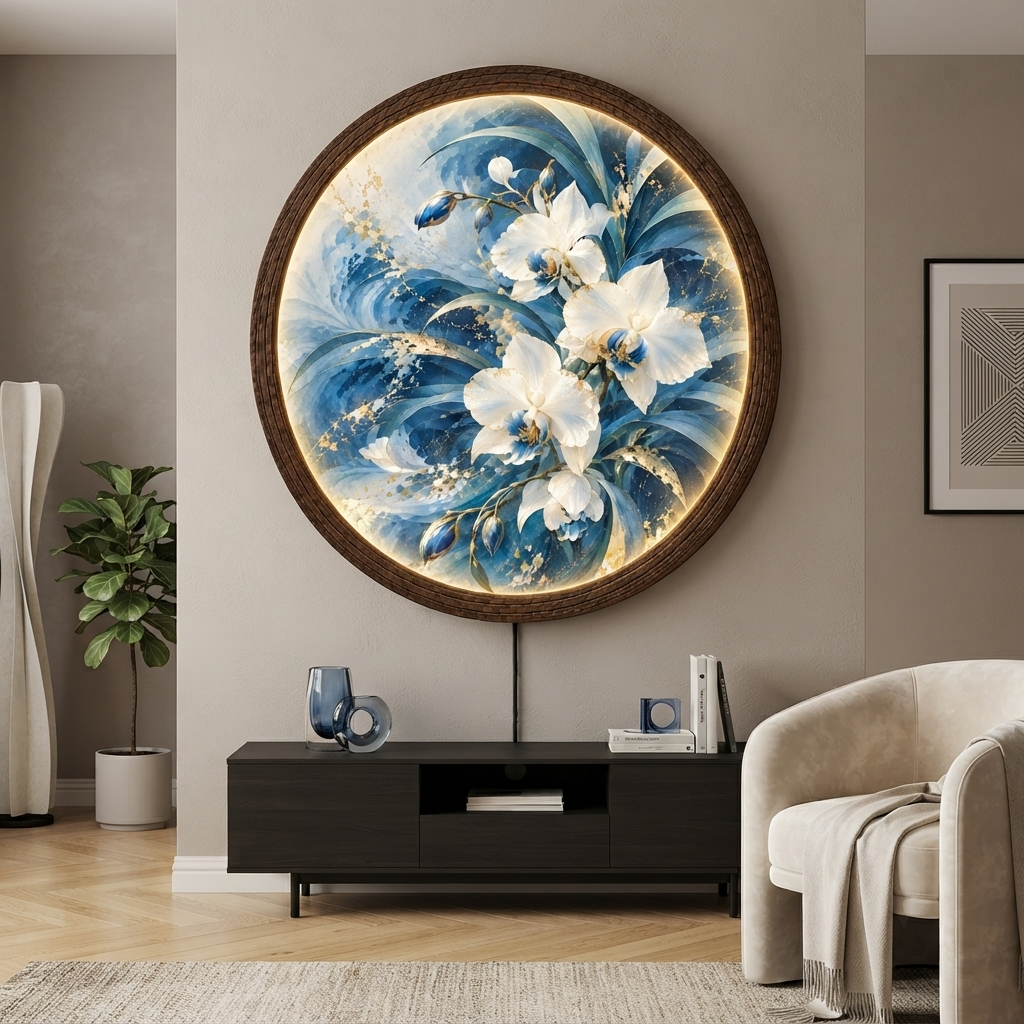 Blue Gold Floral LED Wall Art – Round Illuminated Home Decor