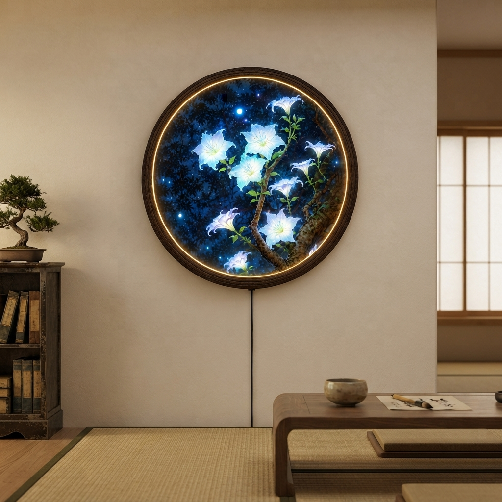 Luminous Moonlit Blossom LED Round Wall Art – Botanical Lighted Wall Decor