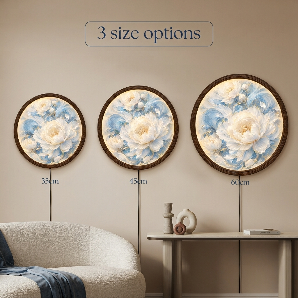 Illuminated Floral Wall Art – Blue & White Peony LED Round Wall Decor