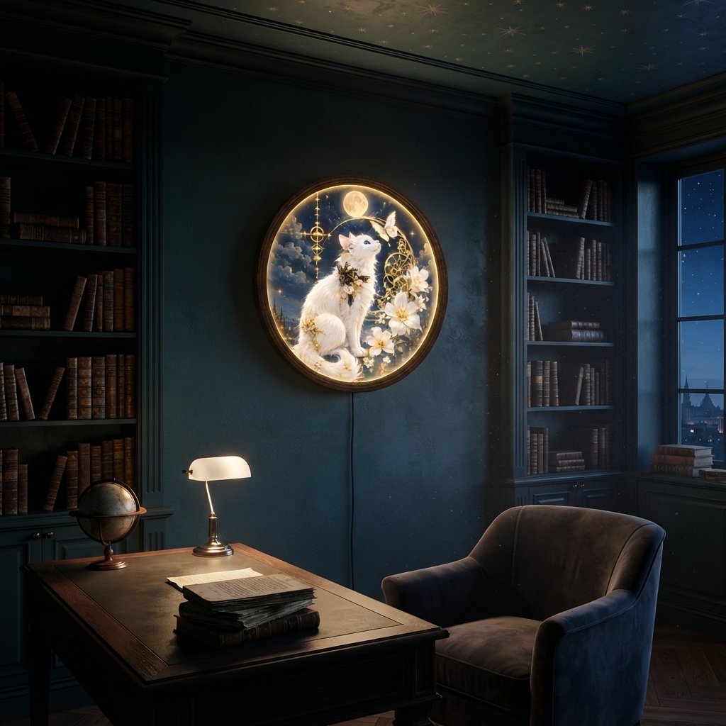 Mystical White Cat LED Wall Art – Round Illuminated Home Decor
