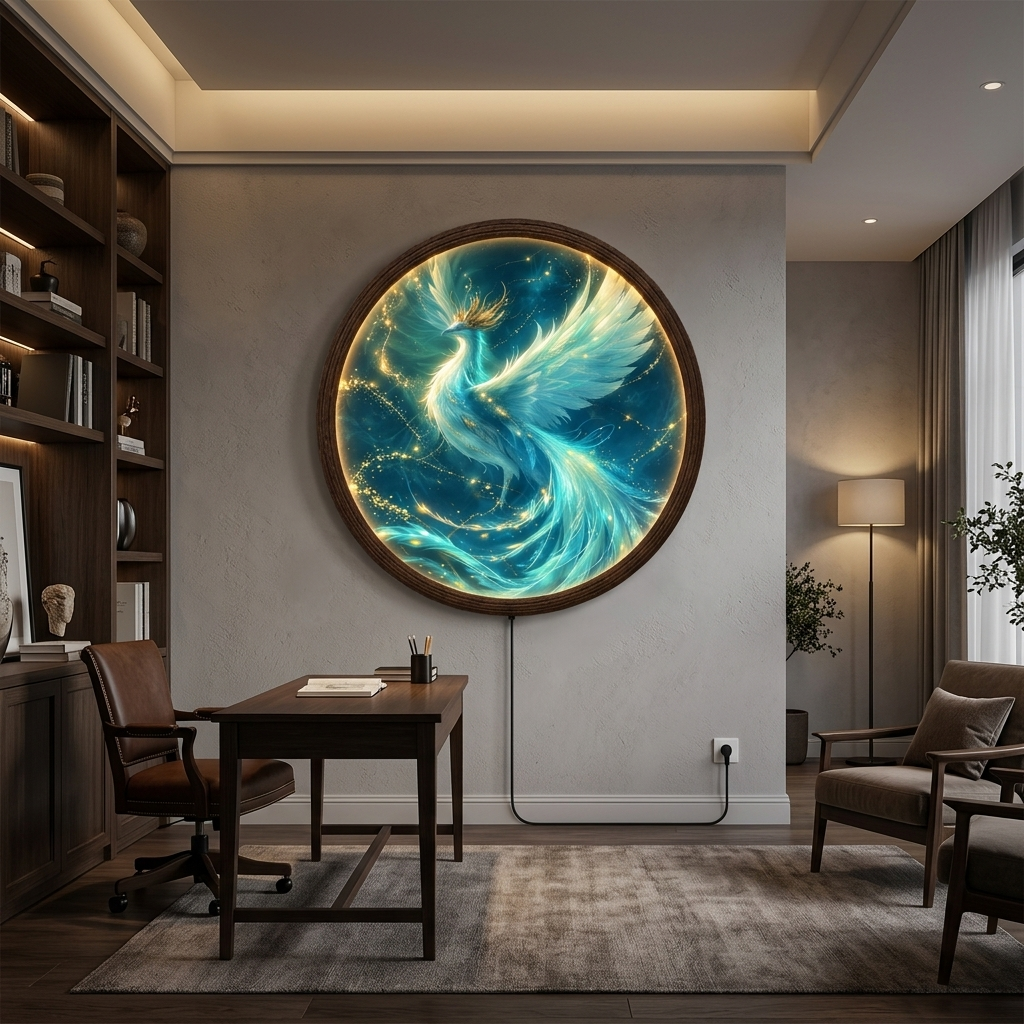 Glowing Phoenix LED Round Wall Art – Turquoise Fantasy Wall Light