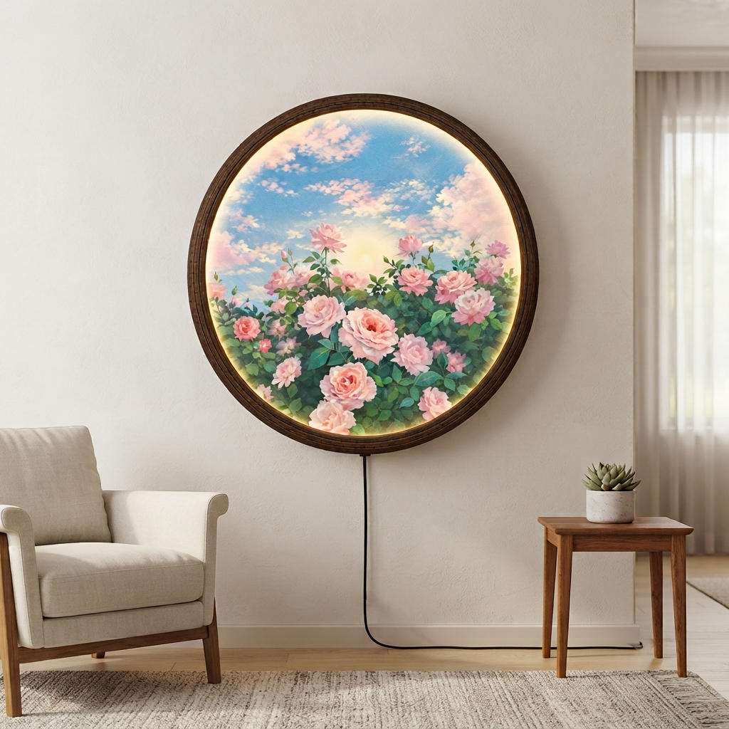 Pink Rose Garden LED Wall Art – Round Illuminated Floral Wall Decor