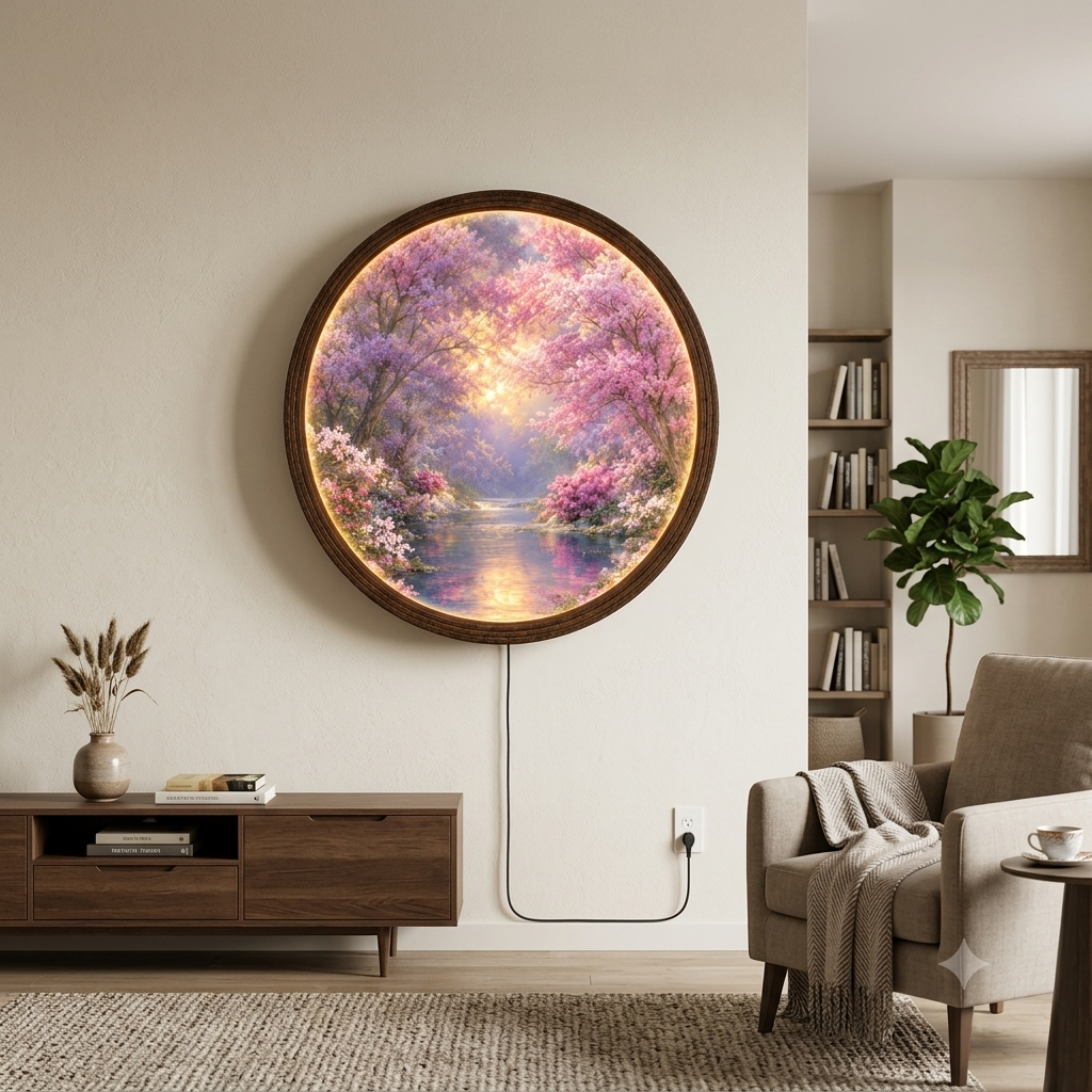 Purple Blossom Garden Round LED Wall Art – Illuminated Floral Wall Decor