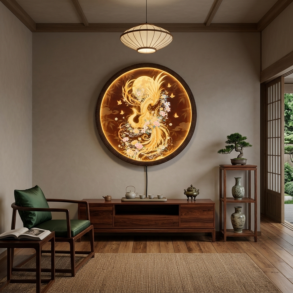 Golden Phoenix Round LED Wall Art, Illuminated Wooden Frame Light for Luxury Home Decor