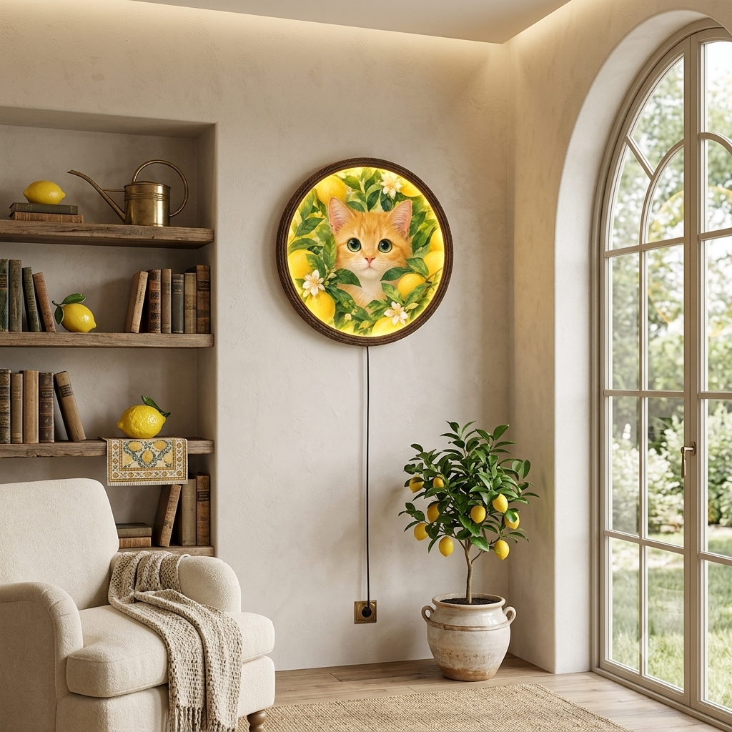 Orange Cat Lemon Garden Round LED Wall Art – Illuminated Cat Wall Decor