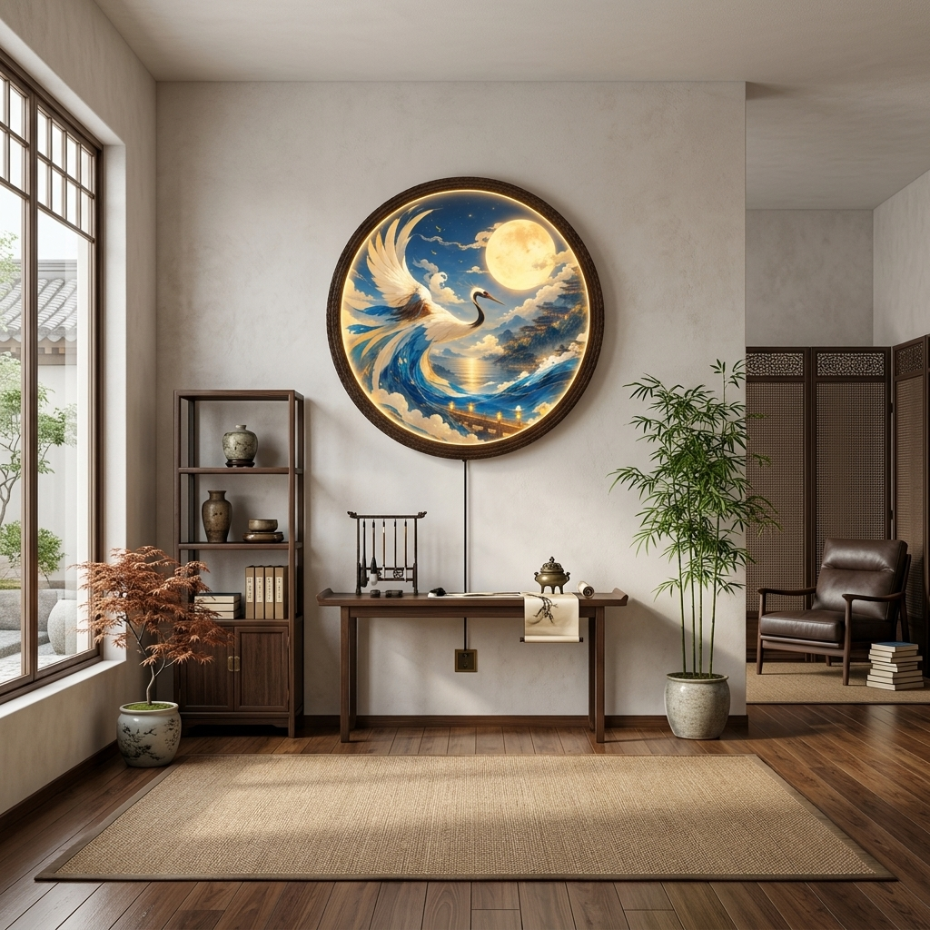 Japanese Crane Under Full Moon LED Wall Art – Illuminated Round Wooden Frame Light Box Decorative Sign