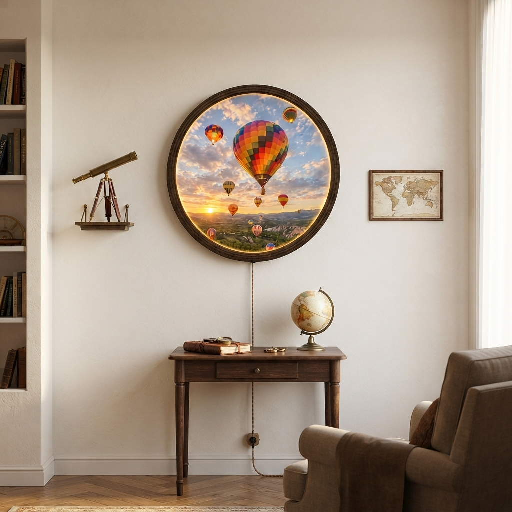 Hot Air Balloon LED Wall Art – Round Illuminated Wall Decor for Living Room
