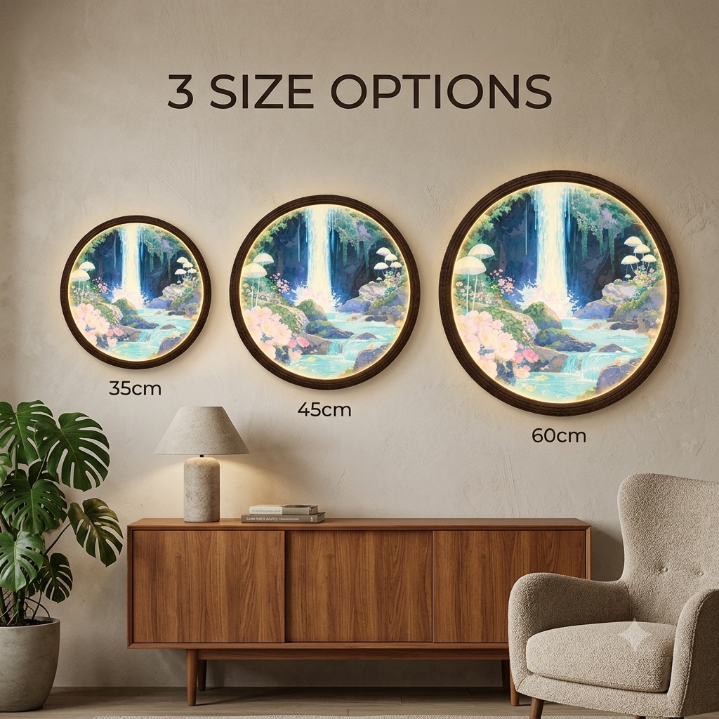 Illuminated Waterfall Wall Art – Round LED Nature Wall Decor