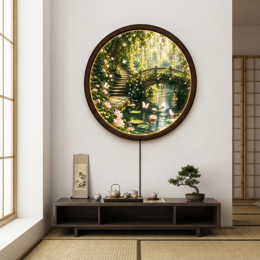 Illuminated Garden Bridge Round Wall Art – LED Lighted Nature Wall Decor