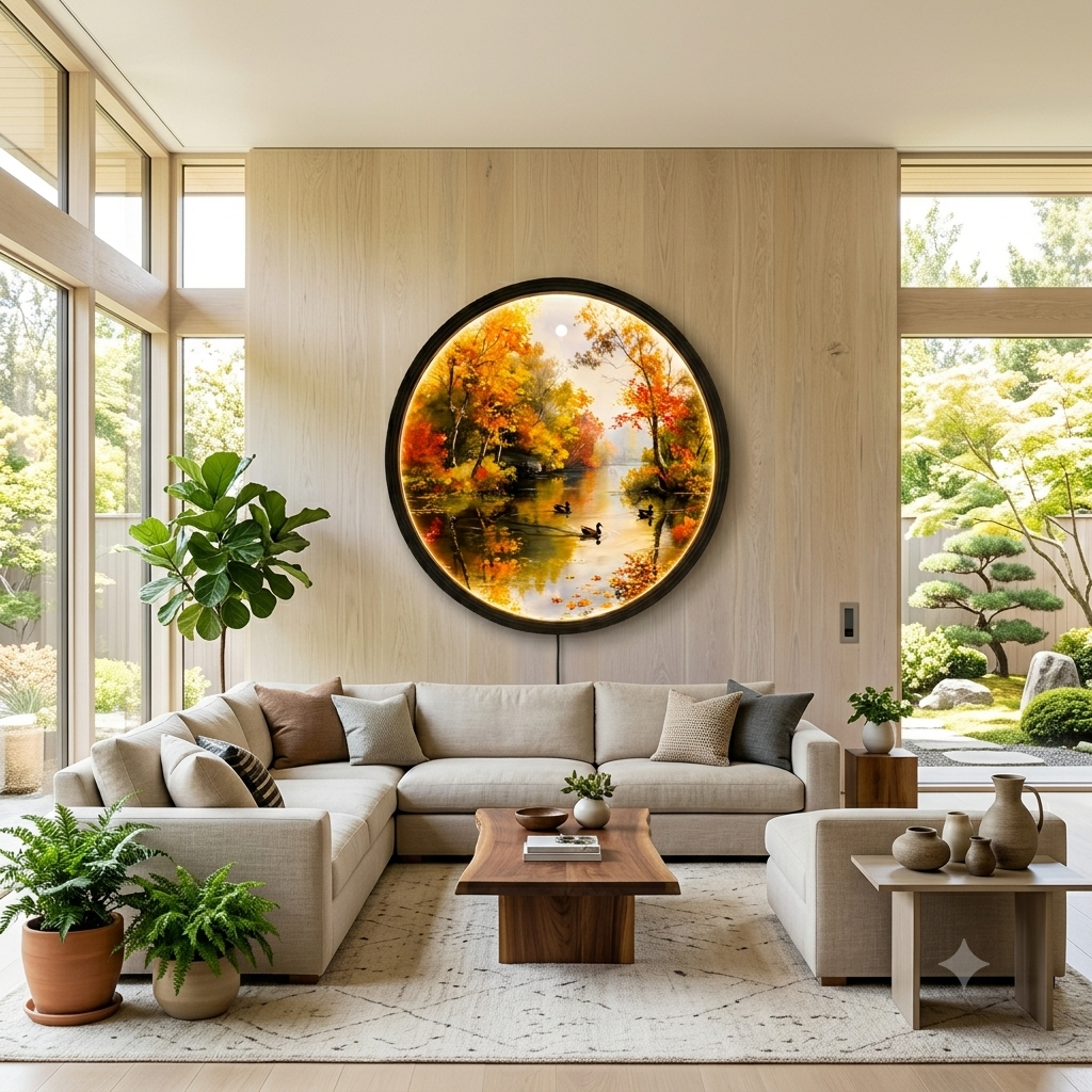 Illuminated Autumn Lake Round Canvas Wall Art with LED Backlight