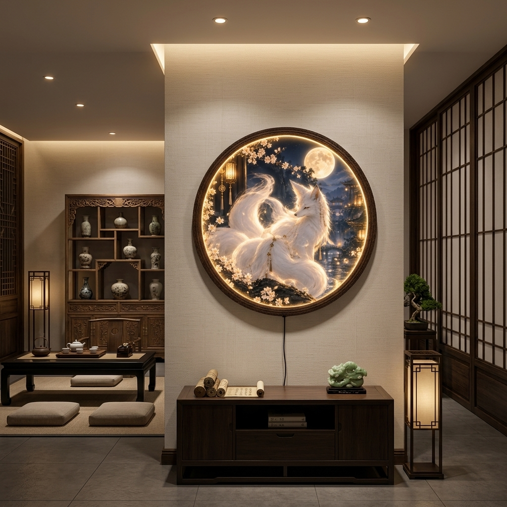 Moonlit Kitsune LED Wall Art – Illuminated Japanese Fox Wall Decor