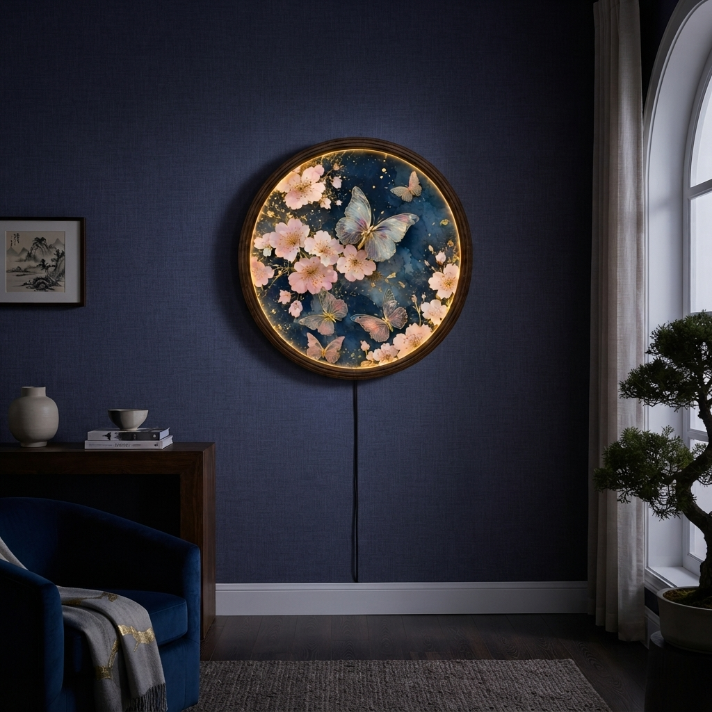 Round Butterfly & Cherry Blossom LED Wall Art – Illuminated Floral Wall Decor