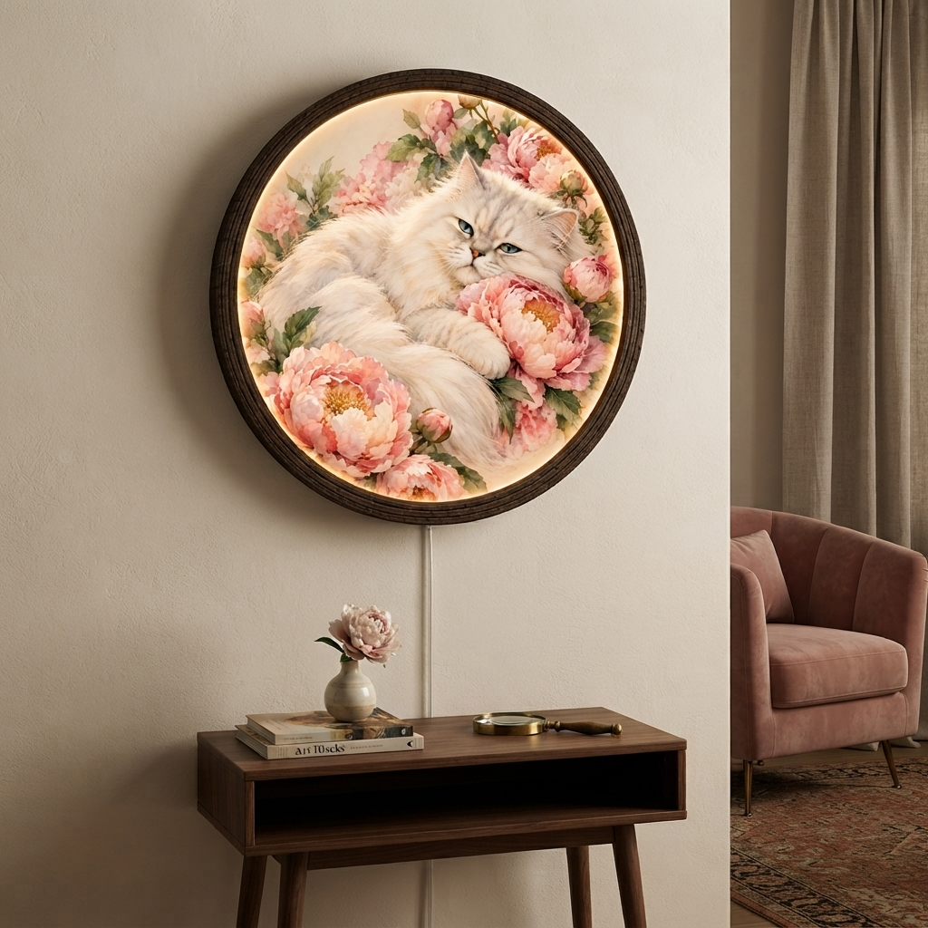 Persian Cat & Peony LED Round Wall Art – Illuminated Floral Home Decor