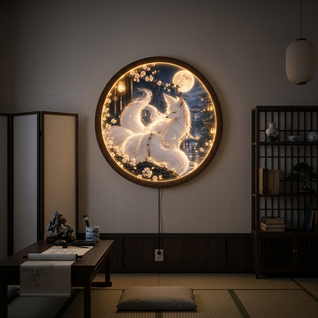 Moonlit Kitsune LED Wall Art – Illuminated Japanese Fox Wall Decor