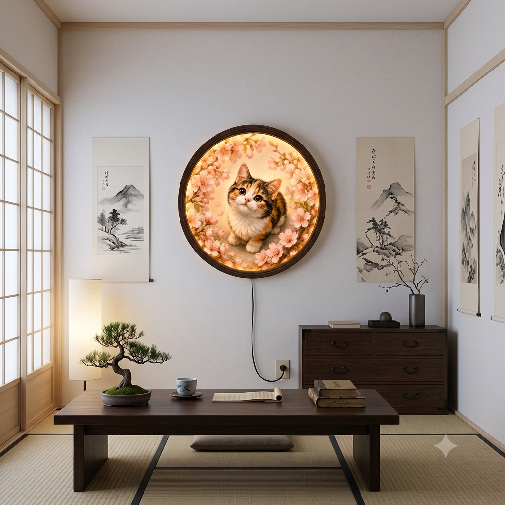 Cherry Blossom Kitten LED Wall Sconce – Illuminated Round Wooden Frame Cat Wall Art for Bedroom & Living Room Decor