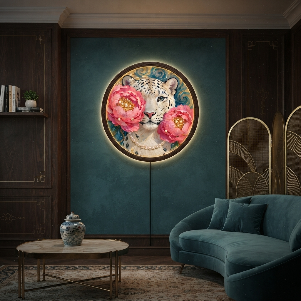 Illuminated Snow Leopard Floral Wall Art – Round LED Wall Decor