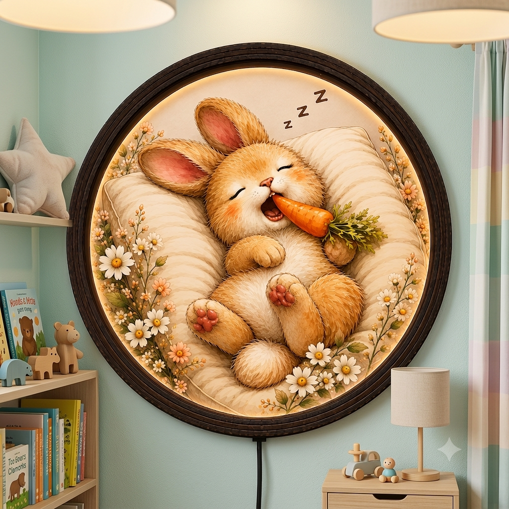 Cute Sleeping Bunny LED Wall Art, Round Wooden Frame Night Light
