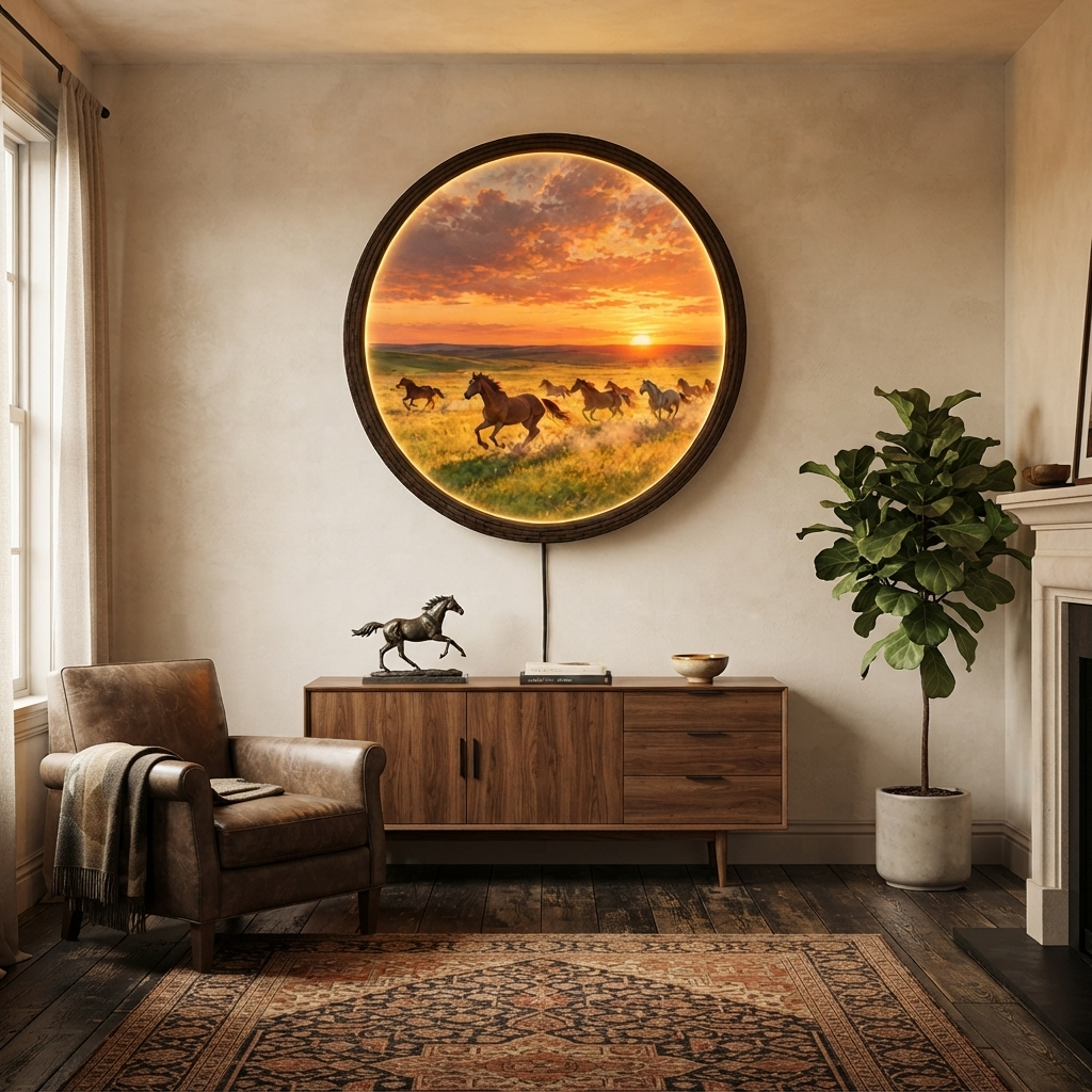 Sunset Running Horses LED Wall Art – Round Illuminated Home Decor