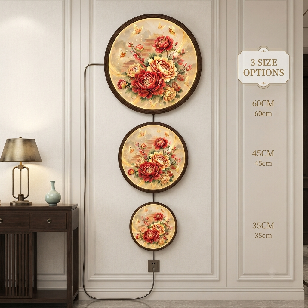 Glowing Peony Flower LED Wall Lamp – Round Floral Lighted Wall Art for Elegant Home Decor