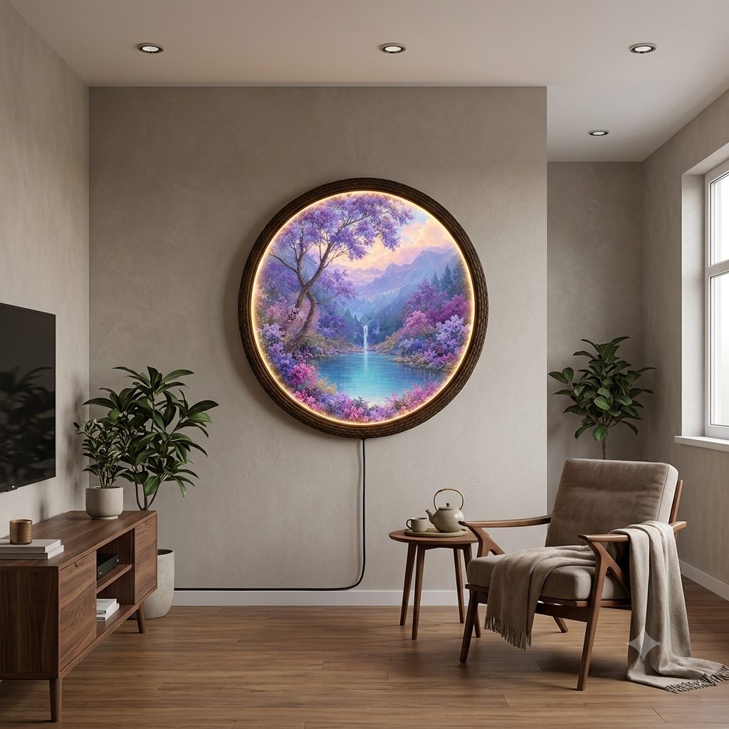 Enchanted Purple Blossom Mountain Lake LED Wall Art – Round Illuminated Wall Decor
