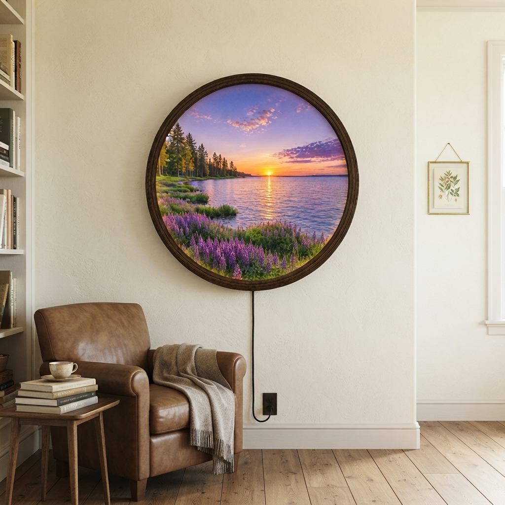 Round LED Lake Sunset Wall Art – Illuminated Nature Wall Decor