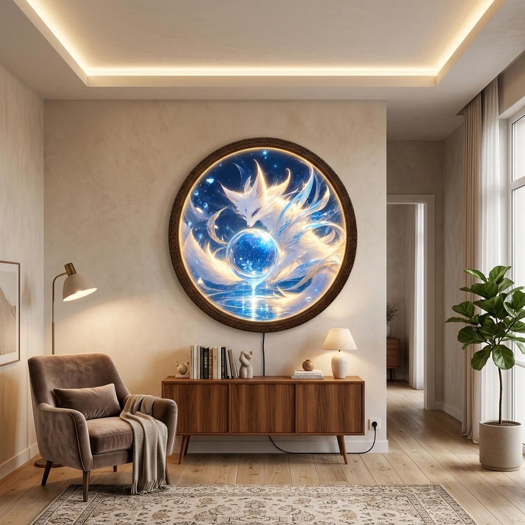 Luminous Fox Spirit LED Wall Art – Round Fantasy Lighted Wall Decor