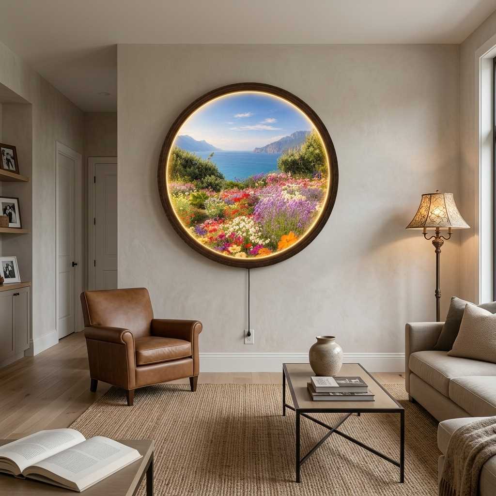 Coastal Wildflower Garden LED Wall Art – Round Illuminated Landscape Wall Decor