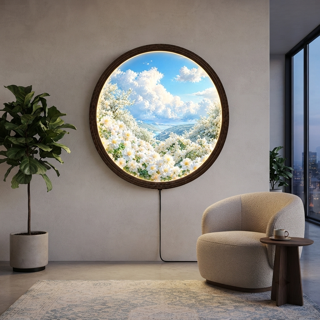Illuminated Round Floral Wall Art – LED Wooden Frame Home Decor