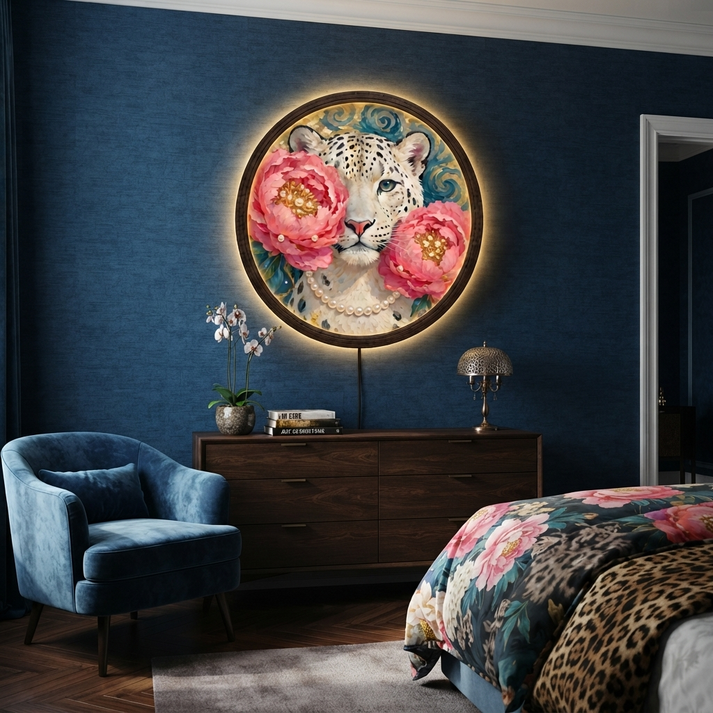 Illuminated Snow Leopard Floral Wall Art – Round LED Wall Decor