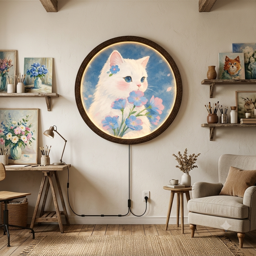 Whimsical White Cat & Blue Flowers LED Wall Art – Round Illuminated Wall Decor