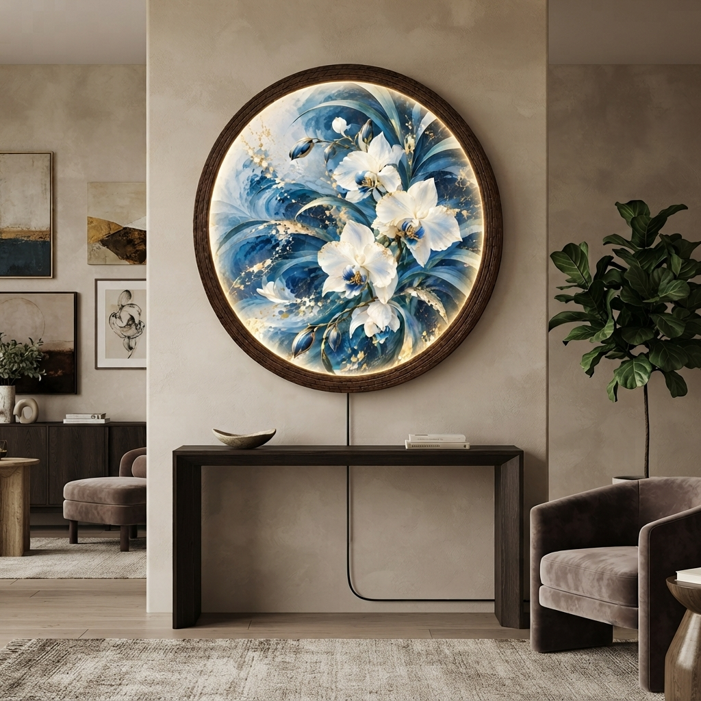 Blue Gold Floral LED Wall Art – Round Illuminated Home Decor