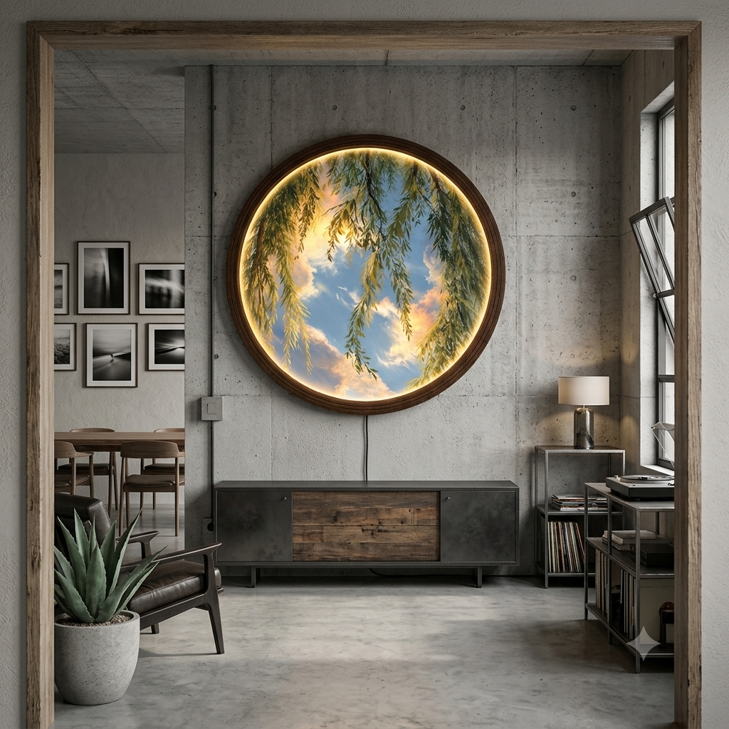 Circular Willow Tree Sky Scenic Canvas with Warm LED Light - Round Wooden Frame Wall Art for Living Room Bedside