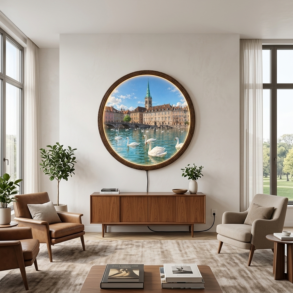 Round LED Wall Art with Swan Lake Cityscape – Illuminated Wooden Wall Decor
